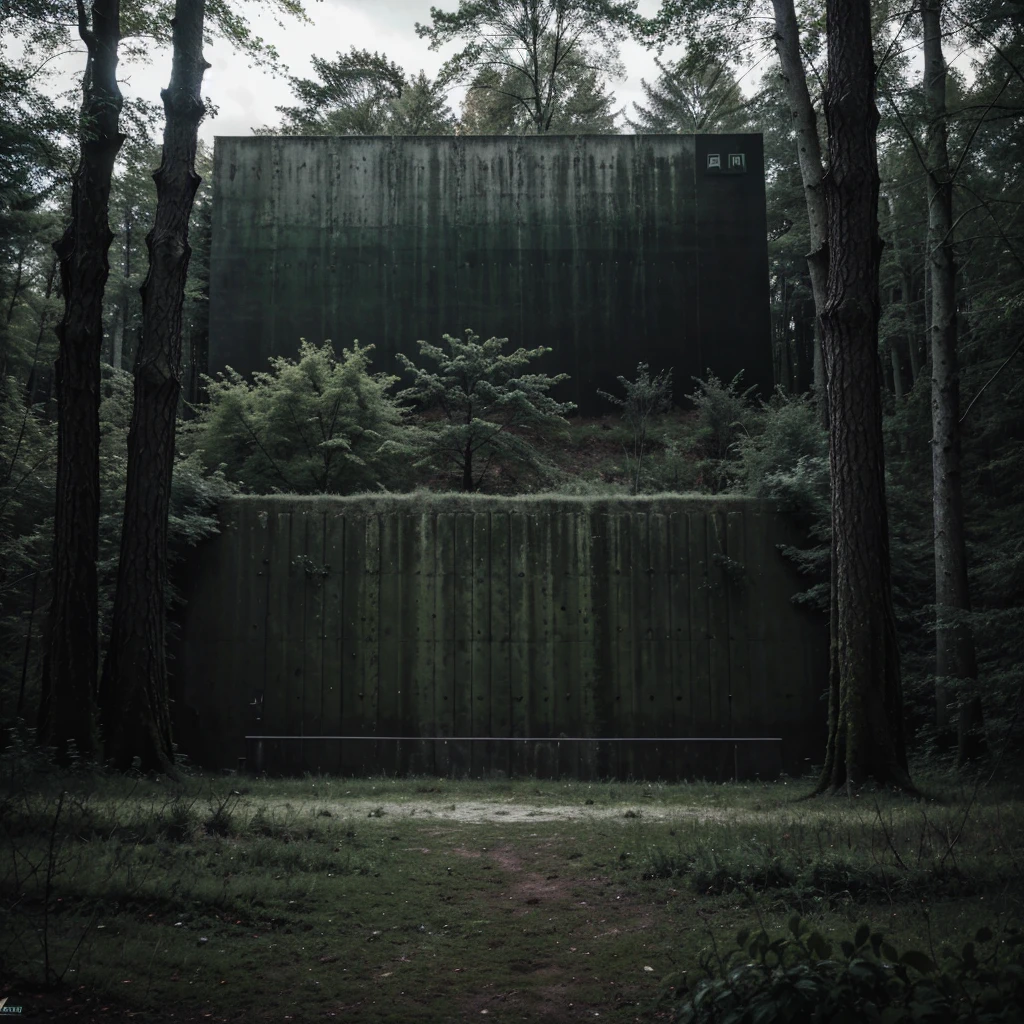 A futurist military wall in the forest. Scene of a futuristic war on a sci fi planet lot of details,cloudy day, dark lights cinematic lights best quality,4k,8k,highres, t Dark and green landscapeatmosphere that conveys sadness, 8k, ultra realistic, dramatic lighting.