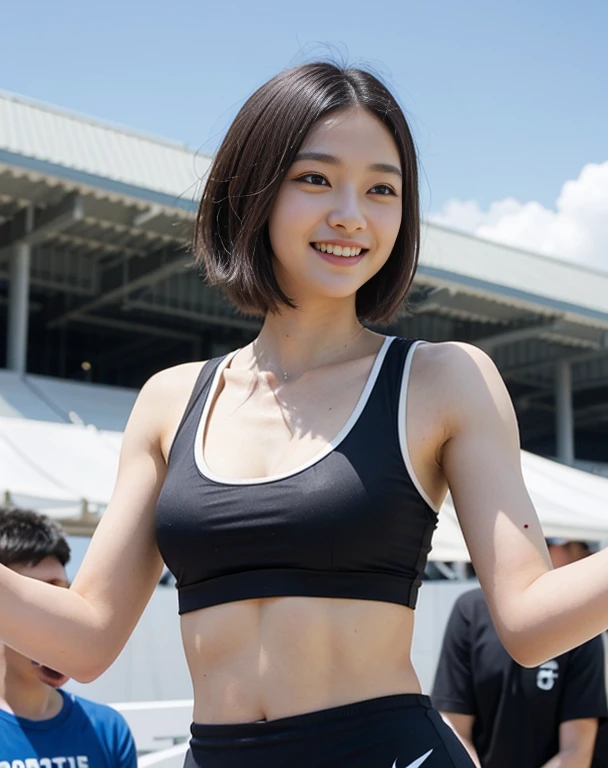zydG, ((cowboy shot)),((from below)), 1girls, Front view, stand, looking the viewer, exposed skin, (from below),brown-eyed, (brown very short hair:1.2), (light hair), (Big Breast:1.2), seductive smile, (little smile face:1.35), (photorealestic:1.4), (Top image quality:1.0), (UltraHighResolution:1.0), 8K, Raw photography, (A masterpice:0.2), track and field uniforms, show abs, (sweat, wetty:1.1), portlate, facefocus, ful body,(pureerosface_v1:0.5), outdoor, track and field,