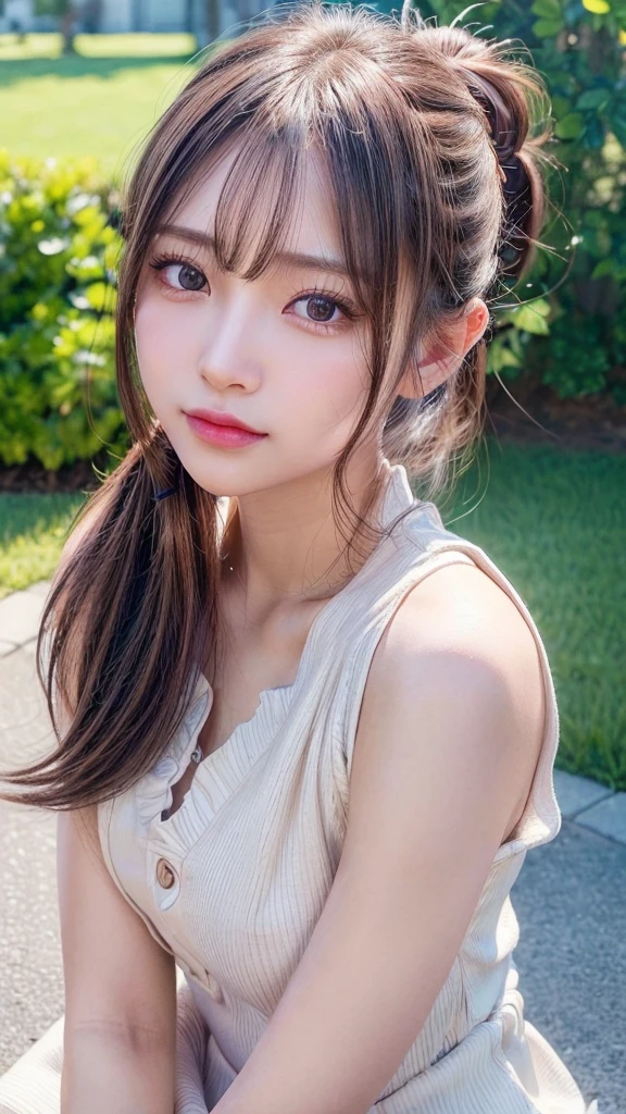 One piece with collar,outdoors,Urban Park,On the lawn,Ultra-detailed, finely detail, hight resolution, 8K Wallpaper, Perfect dynamic composition, Beautiful detailed eyes,Outdoor,Close-up of face,Outdoor,Blushing,Facing forward,,Long hair ponytail,((8k, Raw photo, Best Quality, Mastepiece:1.2), (Realism, Photorealistic:1.4), (Highly detailed 8K wallpapers), Depth of written boundary, Cinematic Lighting, Soft Light, Detailed Beauty Eye,Shiny and smooth light brown ponytail, Asymmetrical bangs, Shiny skin, Ultra-detailed skins ,It is high resolution., High detail, Detailed hairstyle, Detailed facial beauty, Hyper-realistic, Perfect limbs, Perfect Anatomy ,1 Japanese girl,Famous Japanese Idols, Perfect female body,A shy smile,Short eyelashes,Double-edged eyelids,Look straight here,Hair style: ponytail,