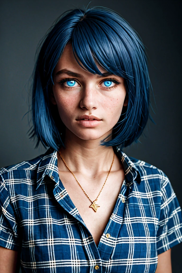 Fragile girl, dark blue hair, square, Blue eyes, Grey plaid shirt, on the right hand there is a thin gold bracelet with a blue stone. Chest-high portrait