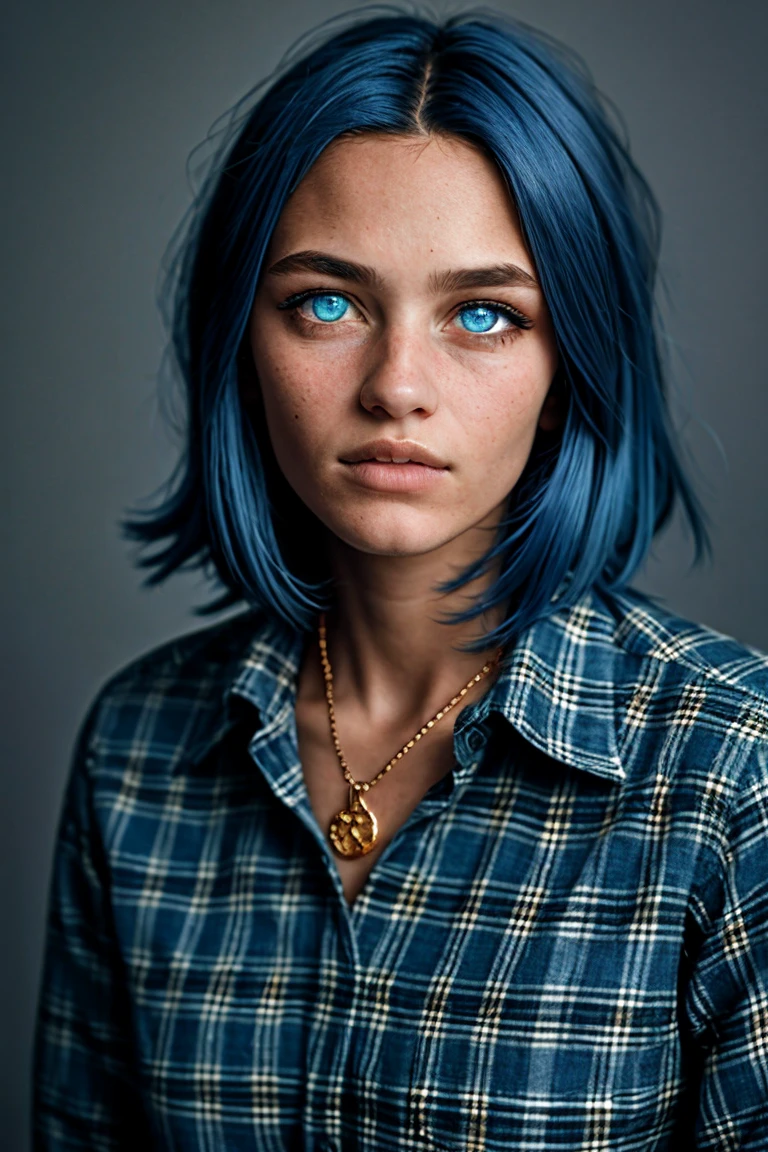 Fragile girl, dark blue hair, square, Blue eyes, Grey plaid shirt, on the right hand there is a thin gold bracelet with a blue stone. Chest-high portrait