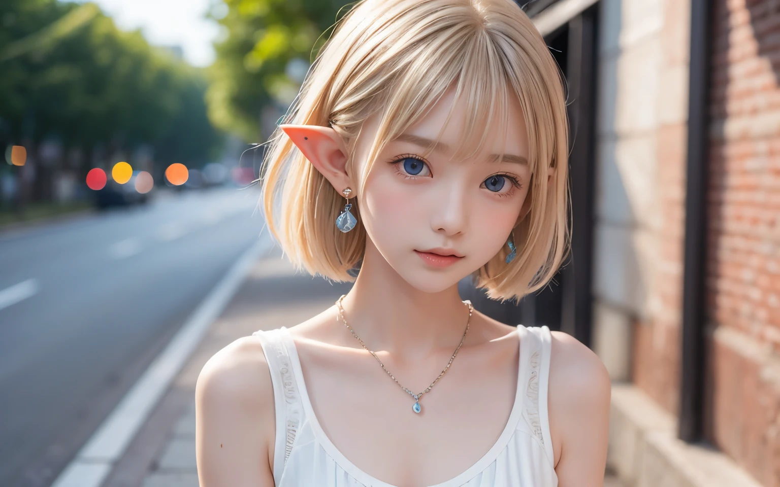 Portrait of a blonde girl , earrings, necklace , extra short hair, sidelocks-hair、Pointy ears like an elf、Upper Body.、The color of her eyes is a clear light blue、Street Snap、evening