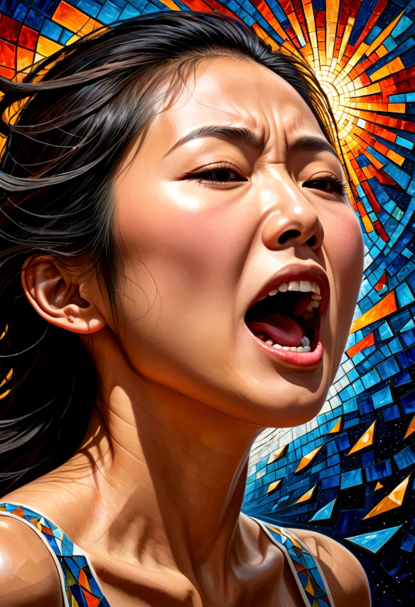 oil painting,Asian woman's face,side view(Only the face with its mouth wide open screamed in anger..),Something came out of his mouth..,explosion of parts The body is a 3D cube. , mosaic art, Masterpiece, bright colors, , Highly detailed, , fractal art, , 8K, geometric concept art, sharp line