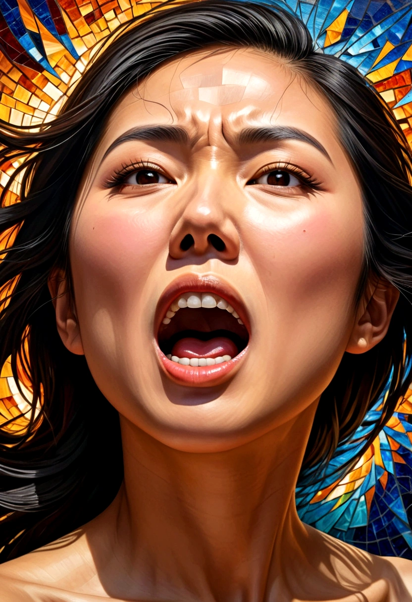 oil painting,Asian woman&#39;s face,side view(Only the face with its mouth wide open screamed in anger..),Something came out of his mouth..,explosion of parts The body is a 3D cube. , mosaic art, Masterpiece, bright colors,  ,  Highly detailed, , fractal art, , 8K, geometric concept art, sharp line