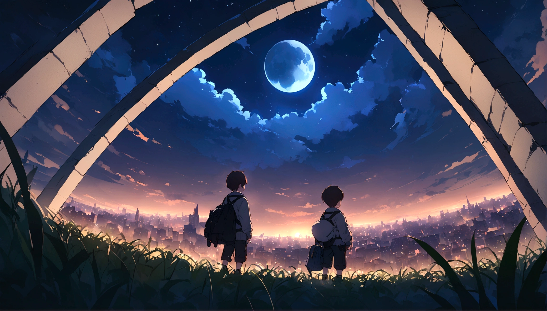 City of night、Night Skyは素晴らしい、Night Sky、3 year old little boy sitting on top of a building、Brown Hair、Back view、The city is brightly lit by the moon、Highest quality、Anime Scenery、Xin Haichen、building、Field、Night Sky 110207, distant 3 year old little boy staring at the，（Zoom out：1.1），（Night Sky：1.2）、（Night Sky：1.1，yourname、Low Angle、From behind、Alola、Night Sky、grassland、Standing in the Field、Highest quality、masterpiece、cloud、colorful、Night Sky、