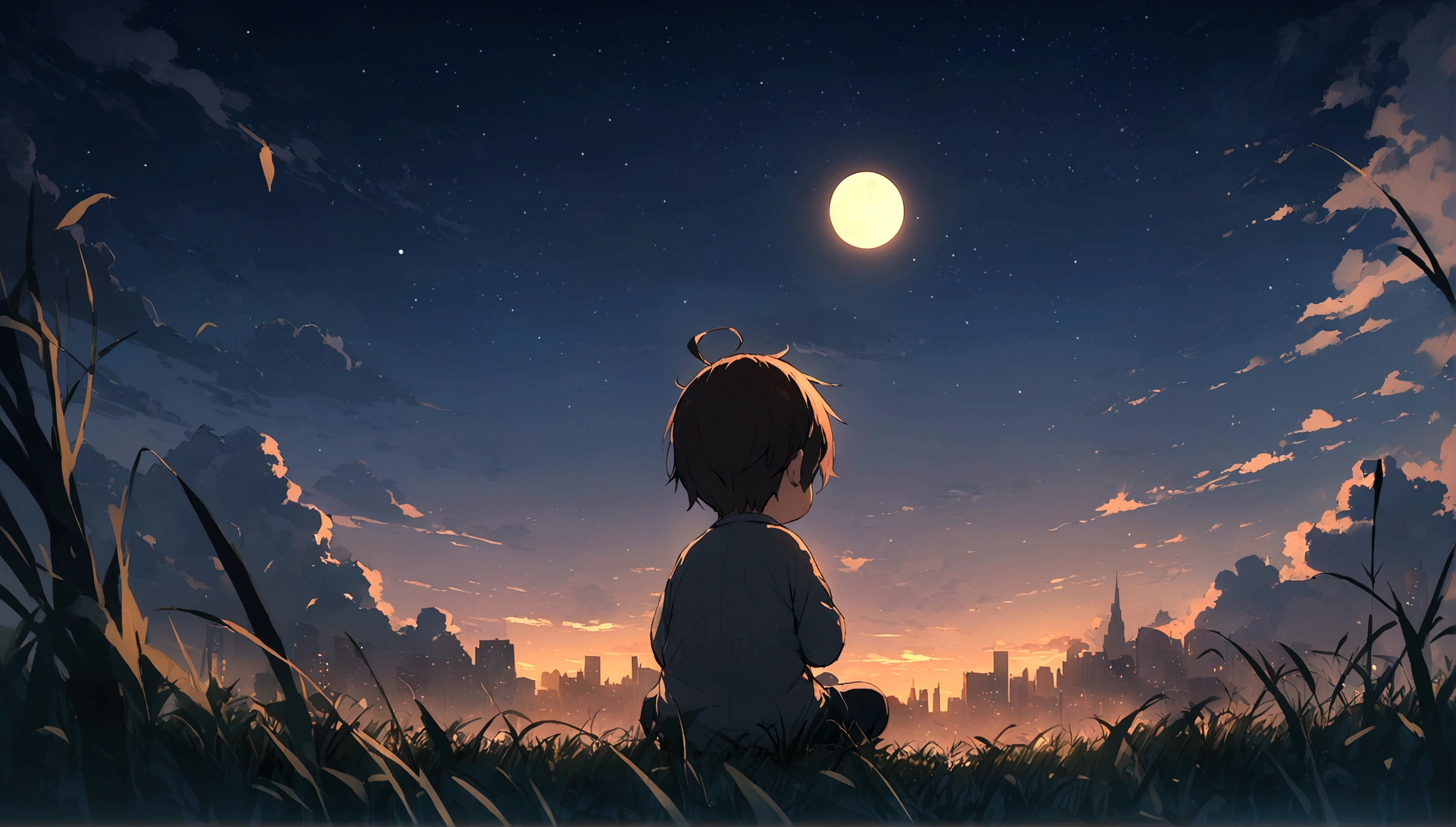 City of night、Night Skyは素晴らしい、Night Sky、3 year old little boy sitting on top of a building、Brown Hair、Back view、The city is brightly lit by the moon、Highest quality、Anime Scenery、Xin Haichen、building、Field、Night Sky 110207, distant 3 year old little boy staring at the，（Zoom out：1.1），（Night Sky：1.2）、（Night Sky：1.1，yourname、Low Angle、From behind、Alola、Night Sky、grassland、Standing in the Field、Highest quality、masterpiece、cloud、colorful、Night Sky、