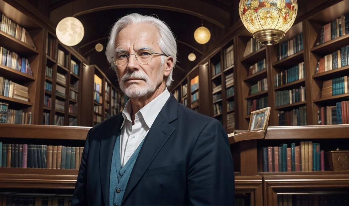 A dynamic montage of cosmic imagery, dreamscapes. A modern, vibrant set with bookshelves filled with psychology and philosophy books. A host stands next to a large screen displaying Carl Jung's portrait.