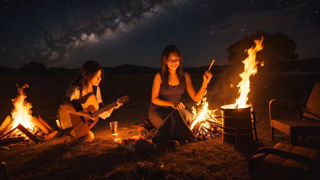 Illustration of a woman having a bonfire at night