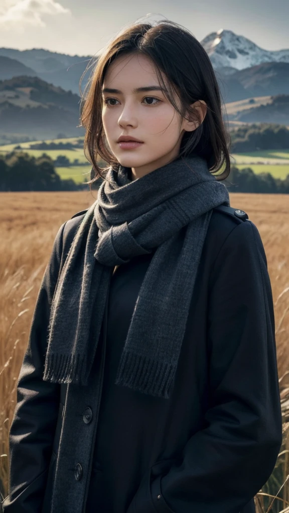 8k, best quality, masterpiece, realistic, ultra detail, photo realistic, Increase quality, 
a photo of a girl standing in a field with a scarf, in the style of dark and brooding designer, voluminous mass, photobash, serene faces, jagged edges, navy, natural beauty, close-up shot
