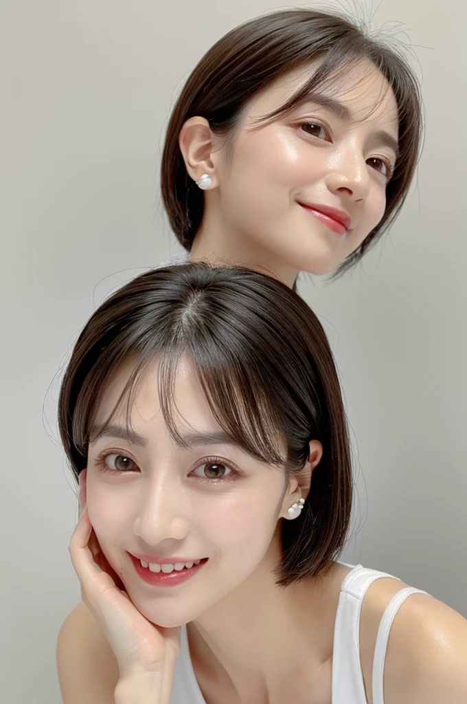 masterpiece, highest quality, High resolution, 1 girl, realistic, white background, closed your mouth, Smile, black hair, short hair, Big eyes, Clear double eyelids, ears are sticking out, Absolute area, 30 years old, attractive proportions, Glossy skin, beautiful clavicle, face of golden proportions, perfect face, bangs, lip gloss, thin lips, small breasts, small face, Upper body, look slightly upward at the camera, Facing straight ahead, keep your head straight without tilting it