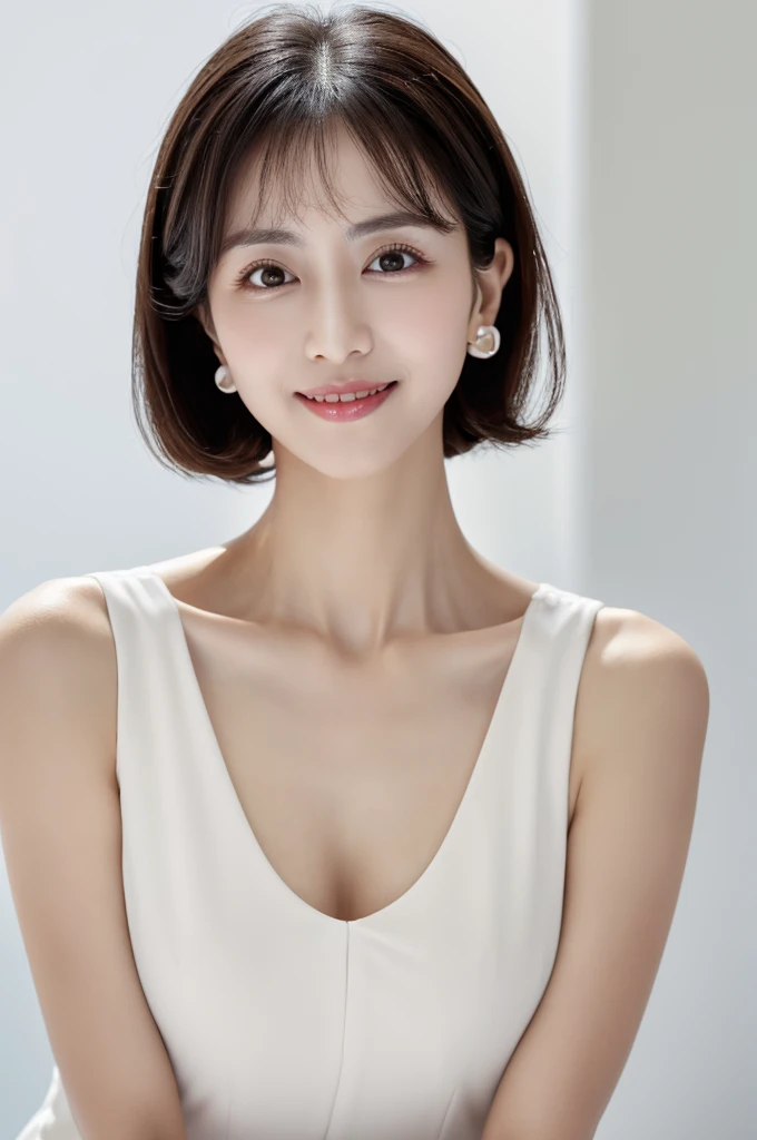 masterpiece, highest quality, High resolution, 1 girl, realistic, white background, closed your mouth, Smile, black hair, short hair, Big eyes, Clear double eyelids, ears are sticking out, Absolute area, 30 years old, attractive proportions, Glossy skin, beautiful clavicle, face of golden proportions, perfect face, bangs, lip gloss, thin lips, small breasts, small face, Upper body, look slightly upward at the camera, Facing straight ahead, keep your head straight without tilting it