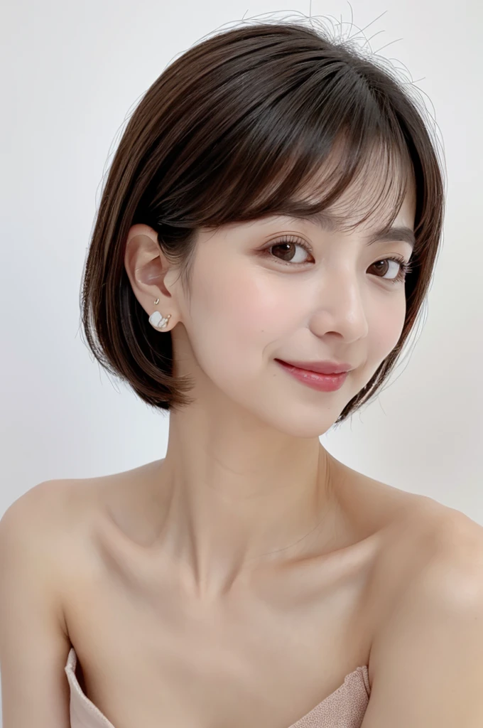 SeaArt Bot Variation 13:44:05 ((masterpiece、top-quality、high-detail))、1人、(Photorealsitic:1.4)、独奏、White background、with a pure white background、closes mouth、Happy smile、Smile happily、pretty black hair、Shorthair、big eye、Distinct double eyelids、Lashes、Put your ears out、long neck、Absolute Area、skirt by the、((Face close-up))、(cap、Draw all the shoulders)、age19、Attractive proportions、glowy skin、Clean collarbone、The face of the golden ratio、face perfect、Tear mole、Mole on the chest、bangss、Clean bangs、lipgloss、thin lipss、White-colored skin、middlebreast,