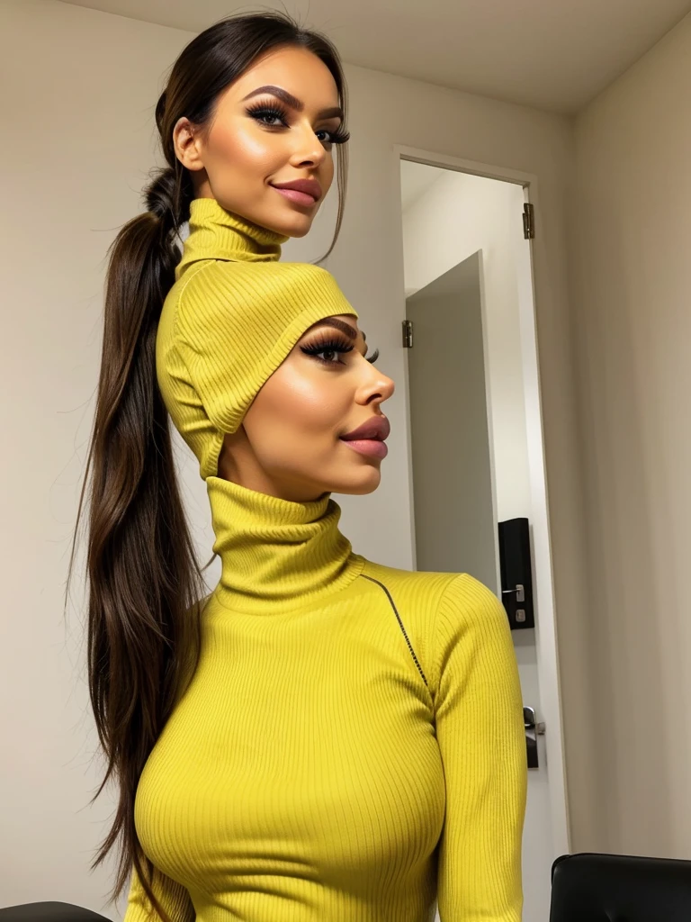 photo of a skinny brunette prostitute with fake eyelashes and plump-enhanced lips, messy long hair thrown into a messy bun ponytail. She wears: (turtleneck soft high ribbed yellow super tight sweater:1.1), submissive seductive pose, high tight ribbed neck, seductive smile, perfect fake tits, horny eager russian pornstar wife lana roy, perfect obedient girl