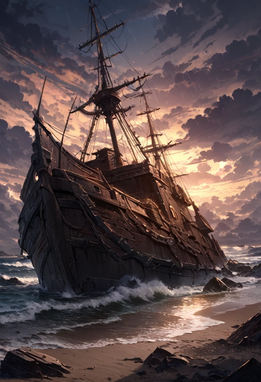 detailed background,( stormy fall night evening landscape), A cold foggy shore, beautiful view, bits of shipwrecks half buried in the sand, light rain, late afternoon, cloudy sky, beautiful clouds, outdoor seating,  the sea in the distance in rough, fantasy, old ship on a sea, depth of field, masterpiece, best quality, ultra-detailed, very aesthetic, illustration, perfect composition, intricate details, absurdres, moody lighting, wisps of light, no humans,