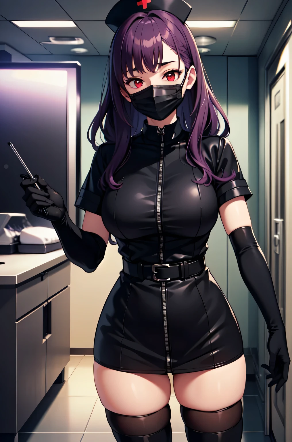 black nurse, 1woman, solo, black nurse cap, black nurse uniform, ((black legwear, zettai ryouiki)), black elbow gloves, long hair, purple hair, red eyes, ((black surgical mask, covered nose)), standing, ((surgery room)), sharp outline, short sleeves, mature female, 35 years old, best quality, masterpiece