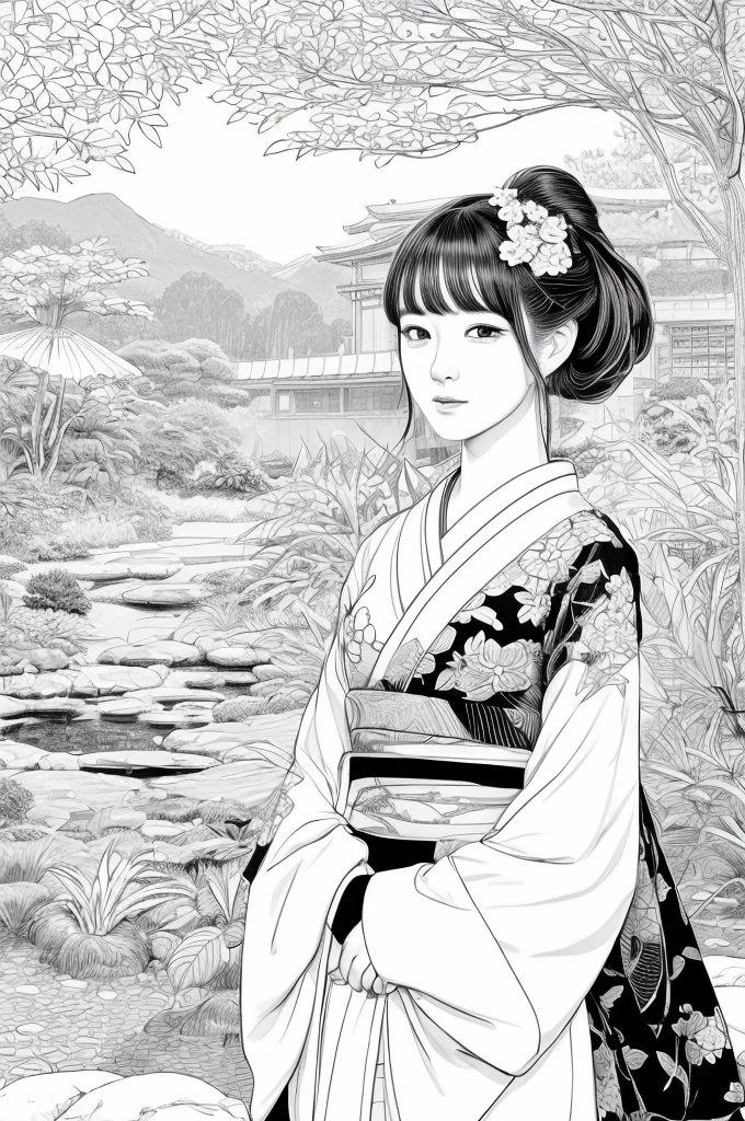 Please create a realistic ukiyo-e illustration of a cute, woman in a kimono that conveys Japanese culture in various poses with (a Japanese garden in the background:1.5), using a simple black and white coloring book that even children can do. The illustration is a illustration with detailed facial features and cartoon-style visuals, (high contrast, sketch, monochrome, clean line drawings for coloring book:1.5)