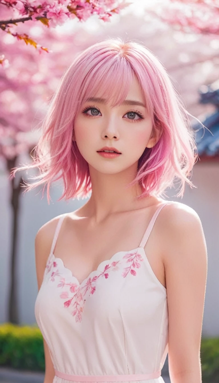 Light pink hair, pink eyes, pink and white, sakura leafs, vivid colors, white dress, paint splash, simple background, ray tracing, wavy hair
