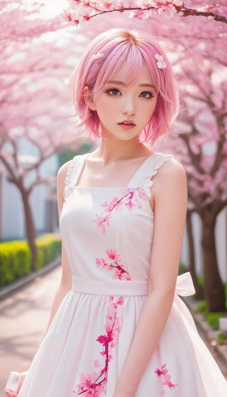 Light pink hair, pink eyes, pink and white, sakura leafs, vivid colors, white dress, paint splash, simple background, ray tracing, wavy hair