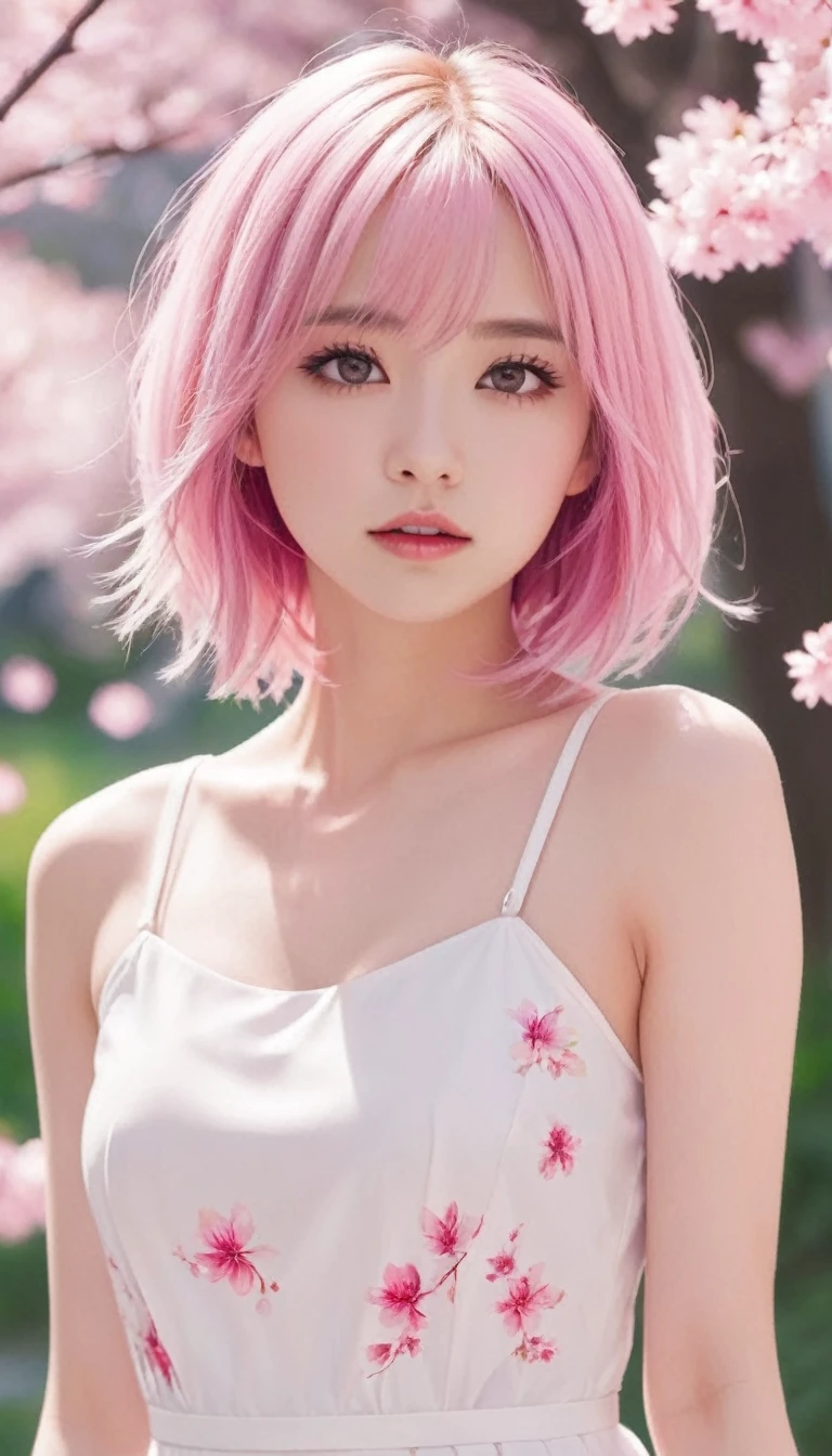 Light pink hair, pink eyes, pink and white, sakura leafs, vivid colors, white dress, paint splash, simple background, ray tracing, wavy hair