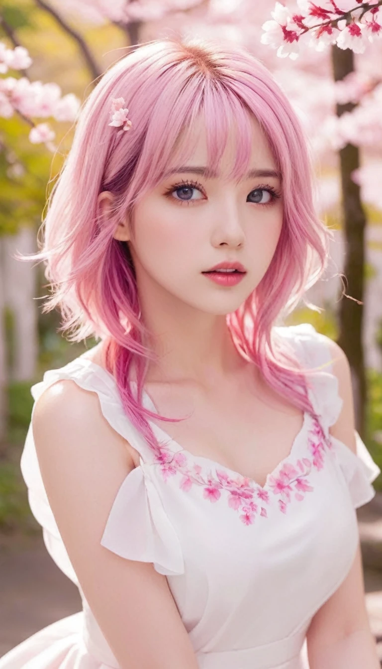 Light pink hair, pink eyes, pink and white, sakura leafs, vivid colors, white dress, paint splash, simple background, ray tracing, wavy hair