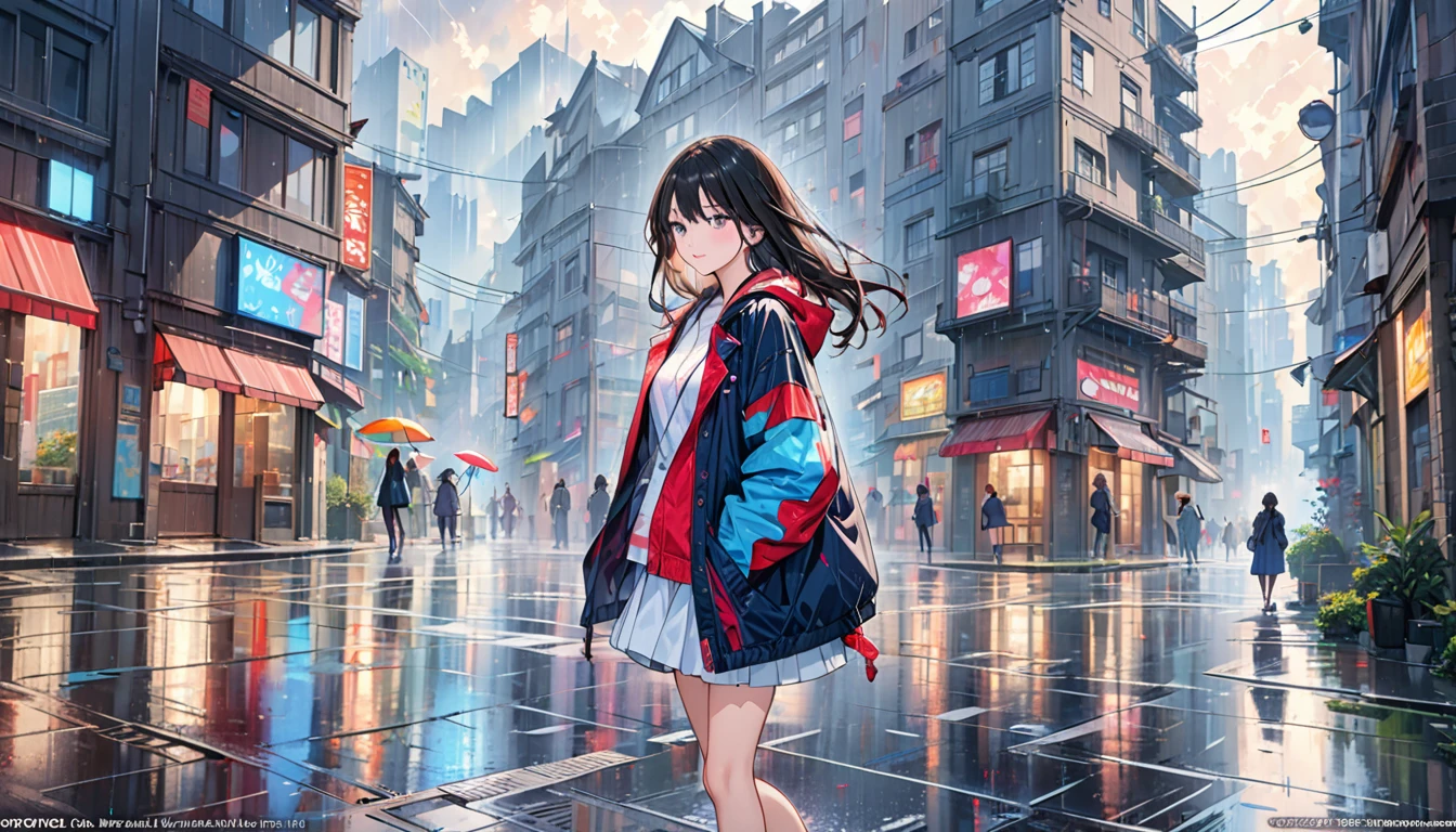 (masterpiece, top quality, best quality, official art, beautiful and aesthetic:1.2), girl, alone in the rain with a jacket in a dark city, extreme detailed,highest detailed, optical mixing, playful patterns, lively texture, unique visual effect
