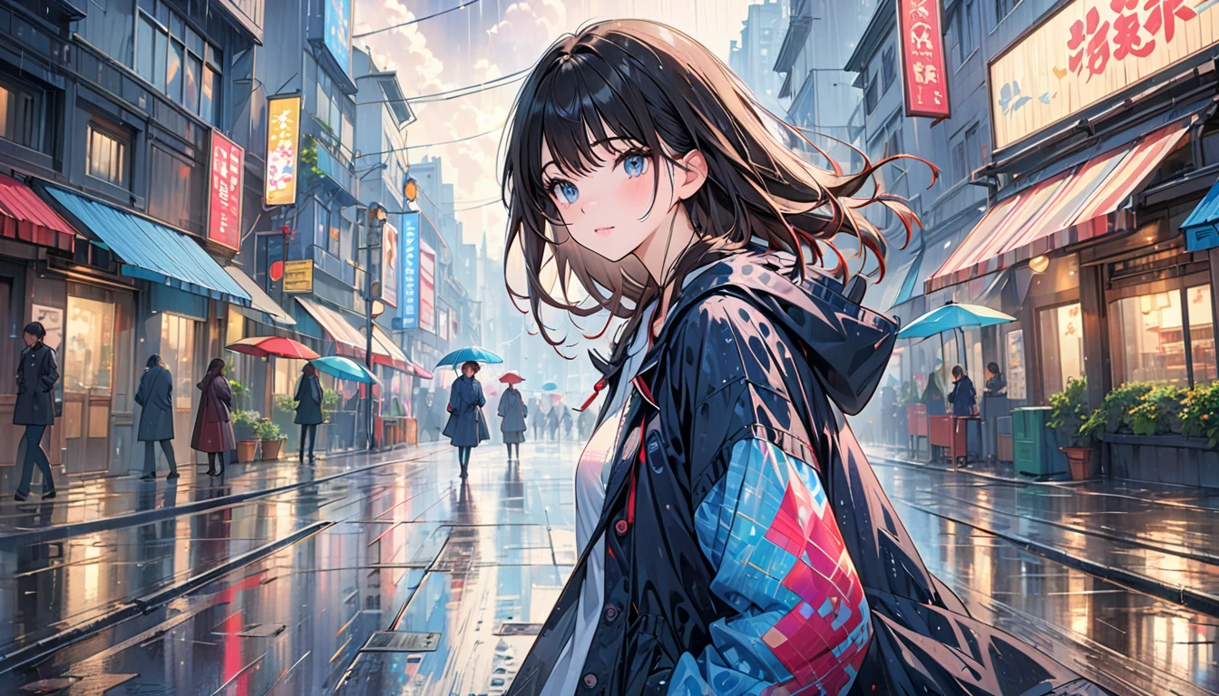 (masterpiece, top quality, best quality, official art, beautiful and aesthetic:1.2), girl, alone in the rain with a jacket in a dark city, extreme detailed,highest detailed, optical mixing, playful patterns, lively texture, unique visual effect