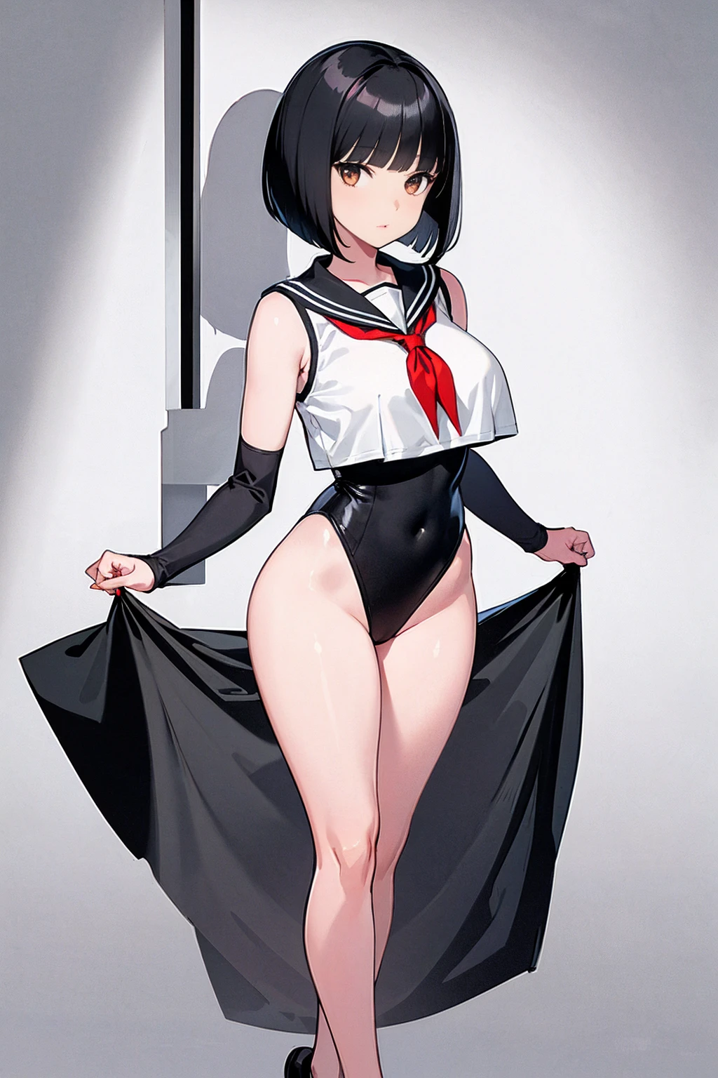 whole body,Standing posture, (alone,Black Hair,Bobcut,) (One girl, Big Tits,Lori,), (beautifully drawn face:1.2) (High leg leotard,Sailor suit,Sleeveless clothing,) Expressionless,(White background)