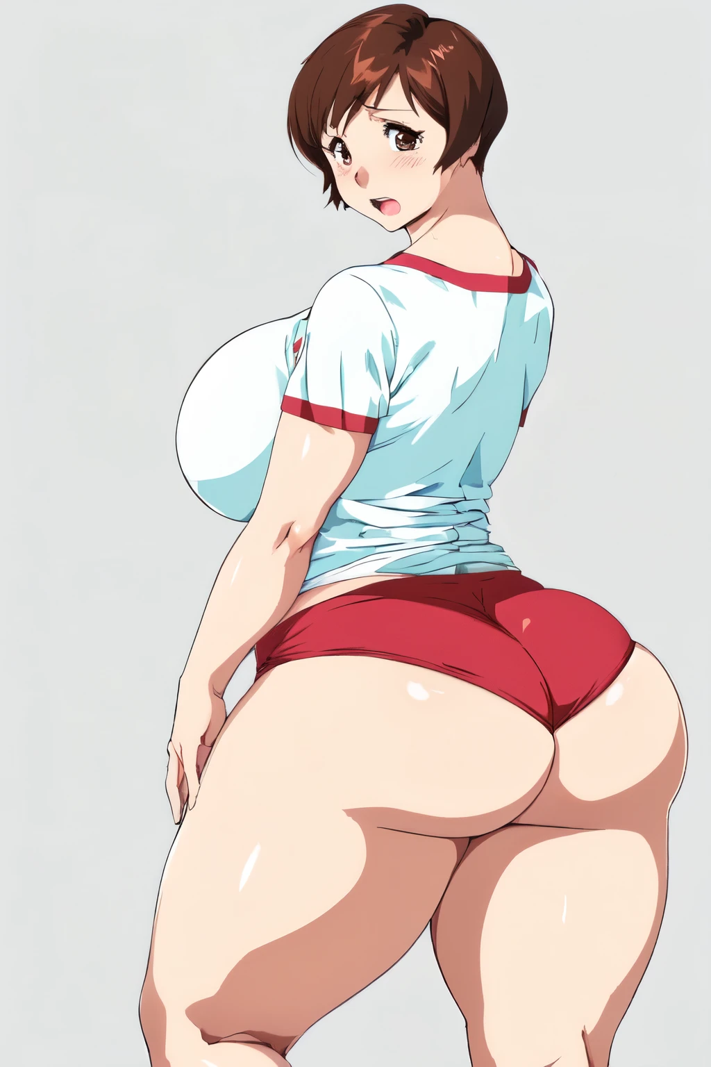 masterpiece, highest quality, High resolution, One girl, alone, sexual intercourse, Pornographic images, short hair, etsukoto, Brown eyes, fine grain, fine grain, (((Thick thighs, Plump thighs, Voluptuous thighs, Thighs alone are enough))), Huge and ample breasts, Cleavage, Huge long breasts, Naughty big,((Big breasts are important))、((Naughty thighs)), L Cup, (thin:1.4),(Tight waist:1.4), (((white gym shirt, red buruma))), anguish, open mouth, blush, (((Simple Background))), ((Wide Hips)), Shiny, Oily skin, Mature mother, Calf, Seductive mature woman, Perfect body, Plus Size Model, curvy, ample, etsukoto, blush, clavicle, retro artstyle, 1990s (style), (thick thighs:1.4), (((bursting thigh))), from behind, back view, ass focus,
