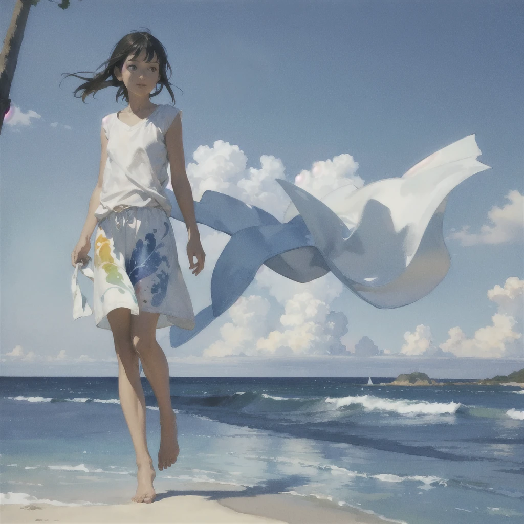 Tranquil voyager girl, Surrealism, Paint in watercolor style, Photorealism, barefoot