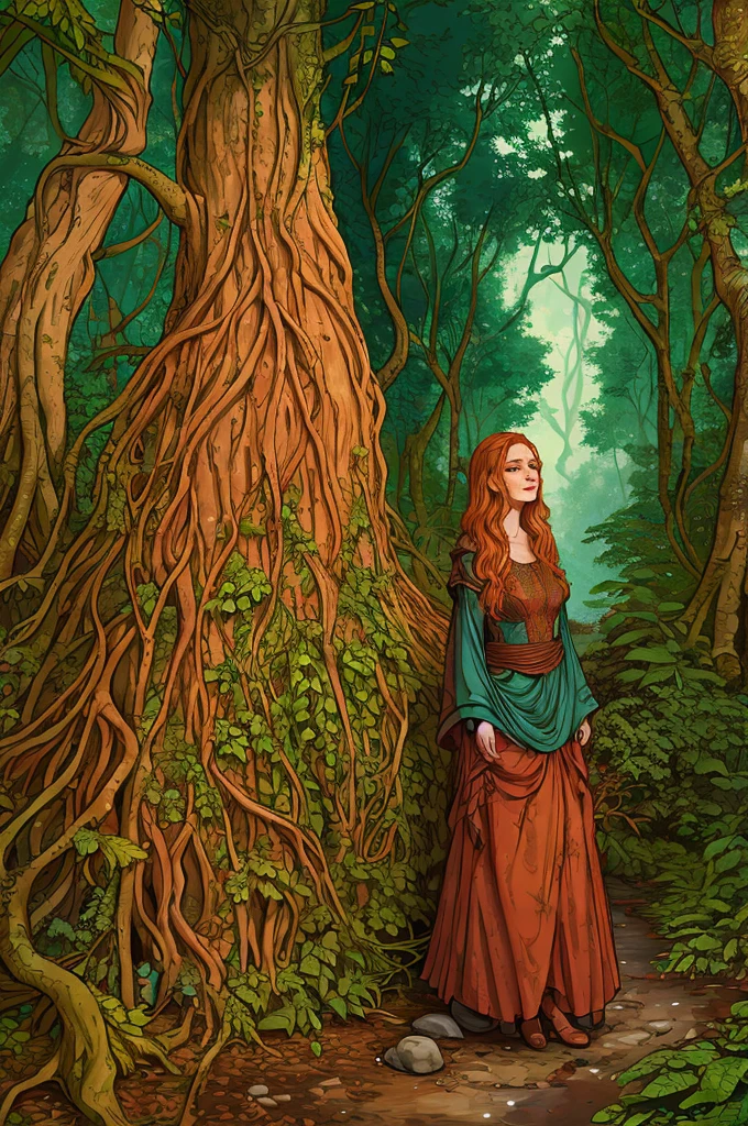 rubenesque woman, standing in a forest glade, small brook, woman, reddish-blonde, freckles, covered in vines, druidess