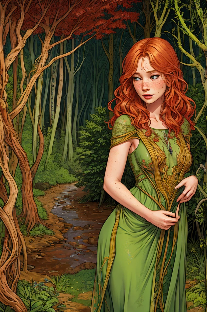 rubenesque woman, standing in a forest glade, small brook, woman, reddish-blonde, freckles, ((covered in vines)), naked, druidess, vines, robe of vines and leaves, pinup
