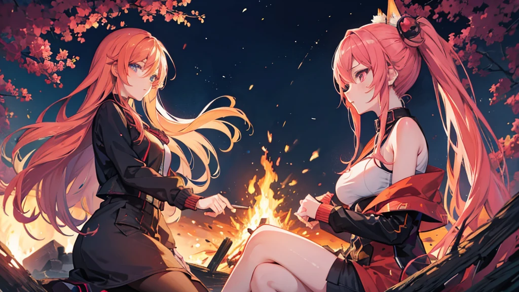 Anime style illustration of a woman having a bonfire at night