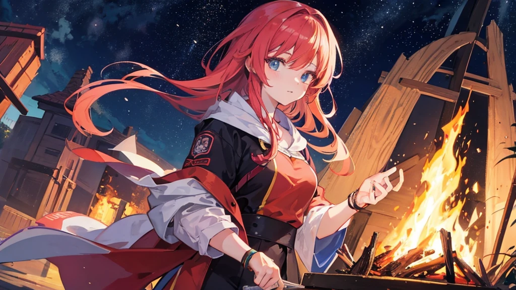 Anime style illustration of a woman having a bonfire at night