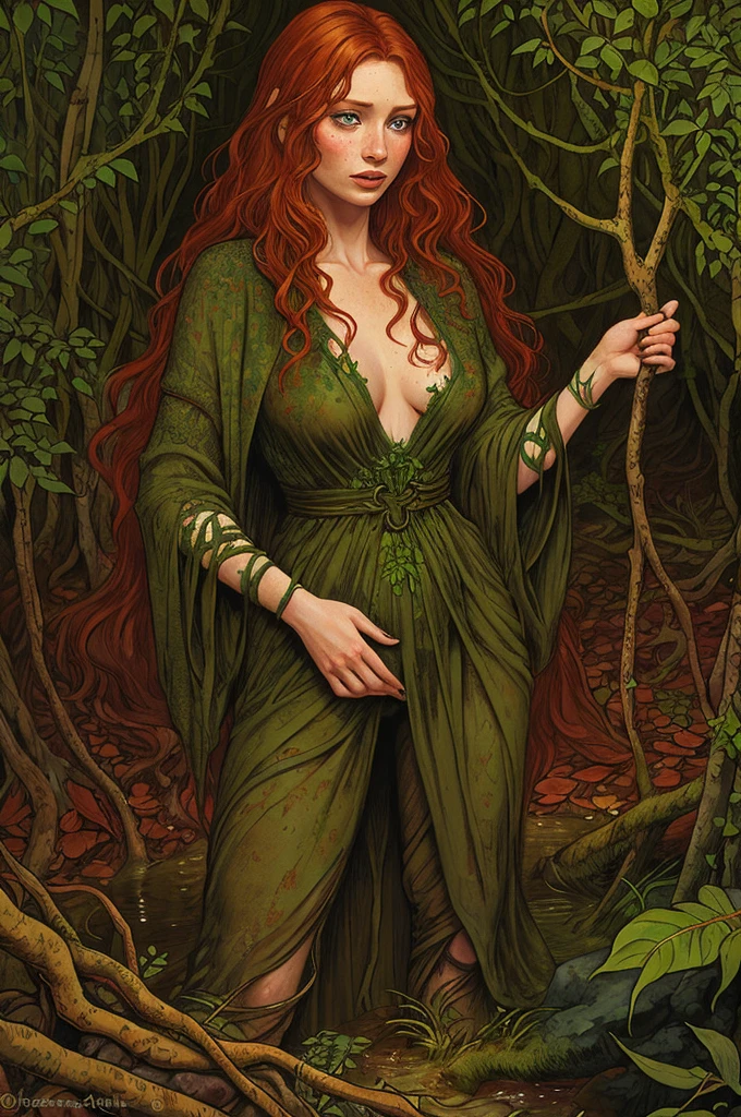 rubenesque woman, standing in a forest glade, small brook, woman, reddish-blonde, freckles, covered in vines, druidess