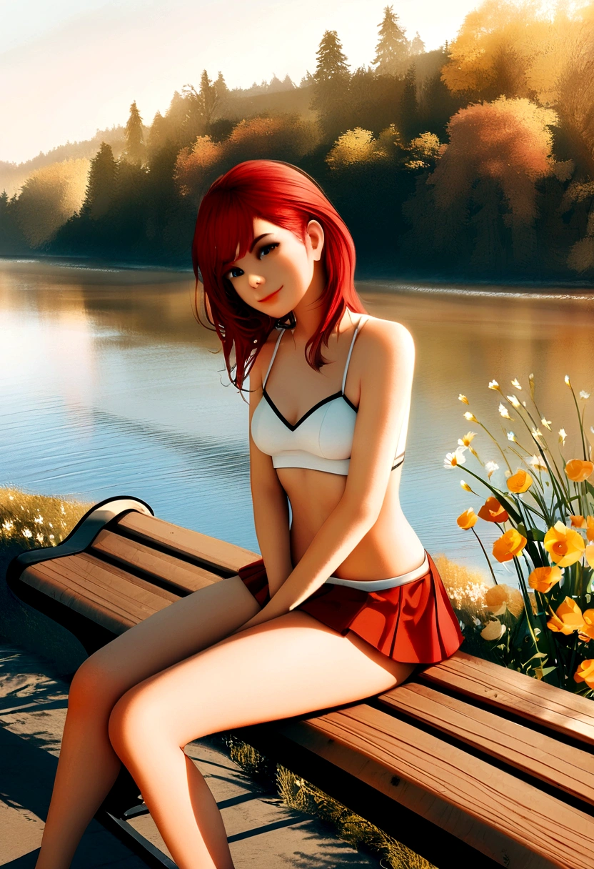 digital art, (girl, red_hair, flowers, micro skirt, no, discreet smile, cute look), (sitting on a bench, river in the background, golden hour),, by Daniil Suponitskiy jpegman