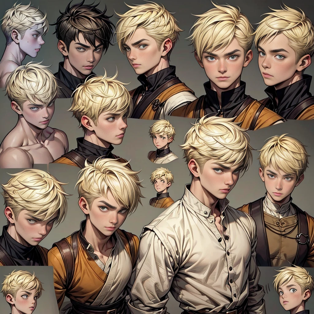 ((expressions sheet)), (simplified face portrait), (half-body), (solo), (1boy), His face is a mix of Asian and Western, Pixie cut hair style, blonde hair color, hazel eyes, big eyes, droopy eyebrows, small lips, medieval clothes, belts, villager, there is a burn on his neck