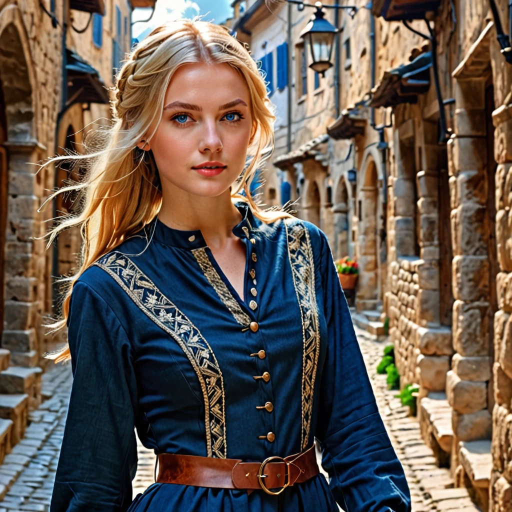 Top quality, masterpiece, realistic photo, exquisite details, raw photo, ultra detailed, old fashioned young woman, hunter's tunic, blonde hair, perfect details, blue eyes, walking through the old city, HD quality, 8K, young woman, 15 years old