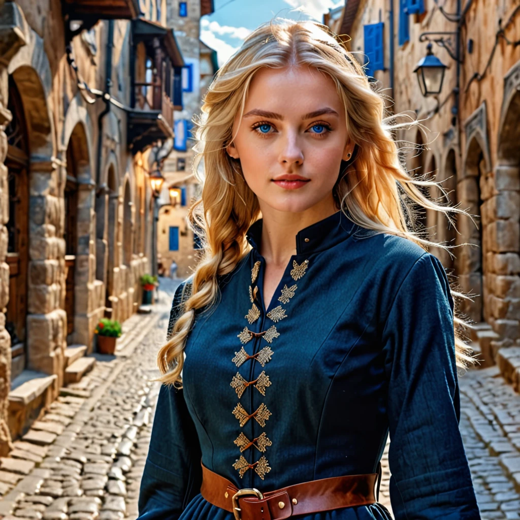 Top quality, masterpiece, realistic photo, exquisite details, raw photo, ultra detailed, old fashioned young woman, hunter's tunic, blonde hair, perfect details, blue eyes, walking through the old city, HD quality, 8K, young woman, 