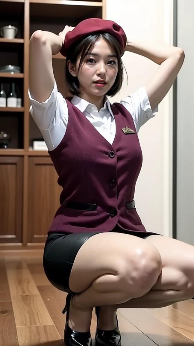 Mature woman in uniform,50 years old、Wine red beret、 Tight Skirt、Wine red vest、White shirt,Place your hands behind your head to expose your armpits、Face forward and squat on the floor with your legs slightly apart.、The face has a serious expression、Inside the Japanese sweets shop、Short Bob Cut、Black Hair、ｃcup、Feminine, slim, exposed thighs、Wearing flesh-colored stockings