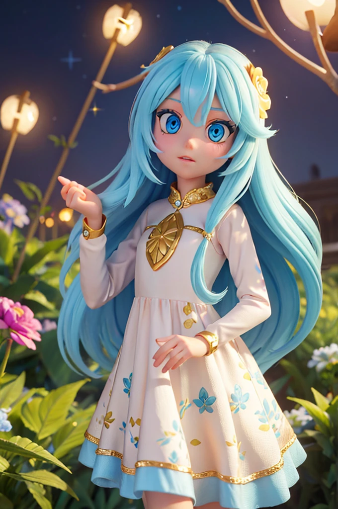 a human girl, with long golden hair and large light blue eyes, has numerous sparkles in her eyes, has a night dress and has a amazed expression as she finds herself in a magical floral world