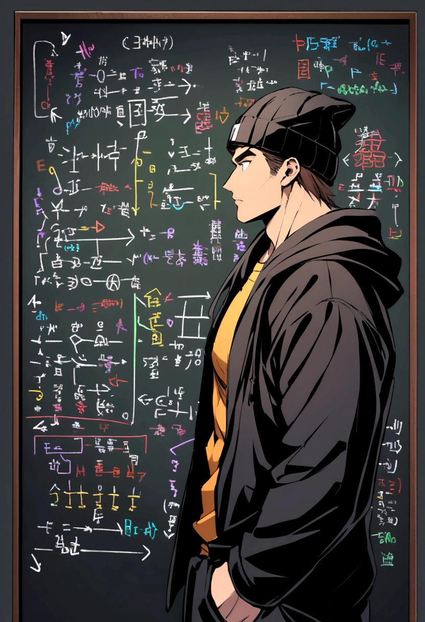 Muscular guy with medium long brown hair and black beanie hat writing complicated equations on a blackboard