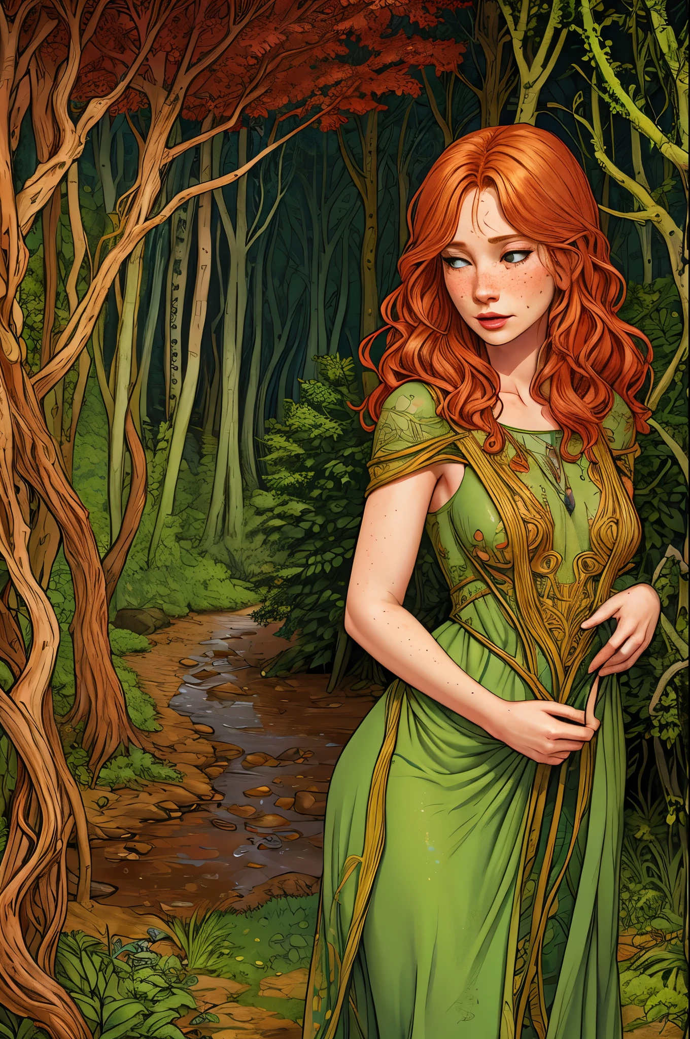 rubenesque woman, standing in a forest glade, small brook, woman, reddish-blonde, freckles, covered in vines, druidess