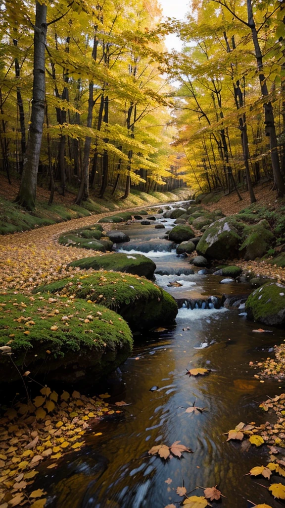 create an image of autumn yellow leaf forest, There is a small stream in illustration style
