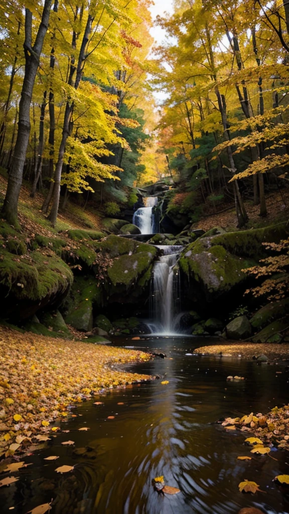 create an image of autumn yellow leaf forest, There is a small stream in illustration style