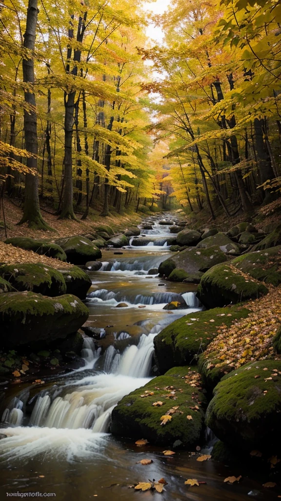 create an image of autumn yellow leaf forest, There is a small stream in illustration style