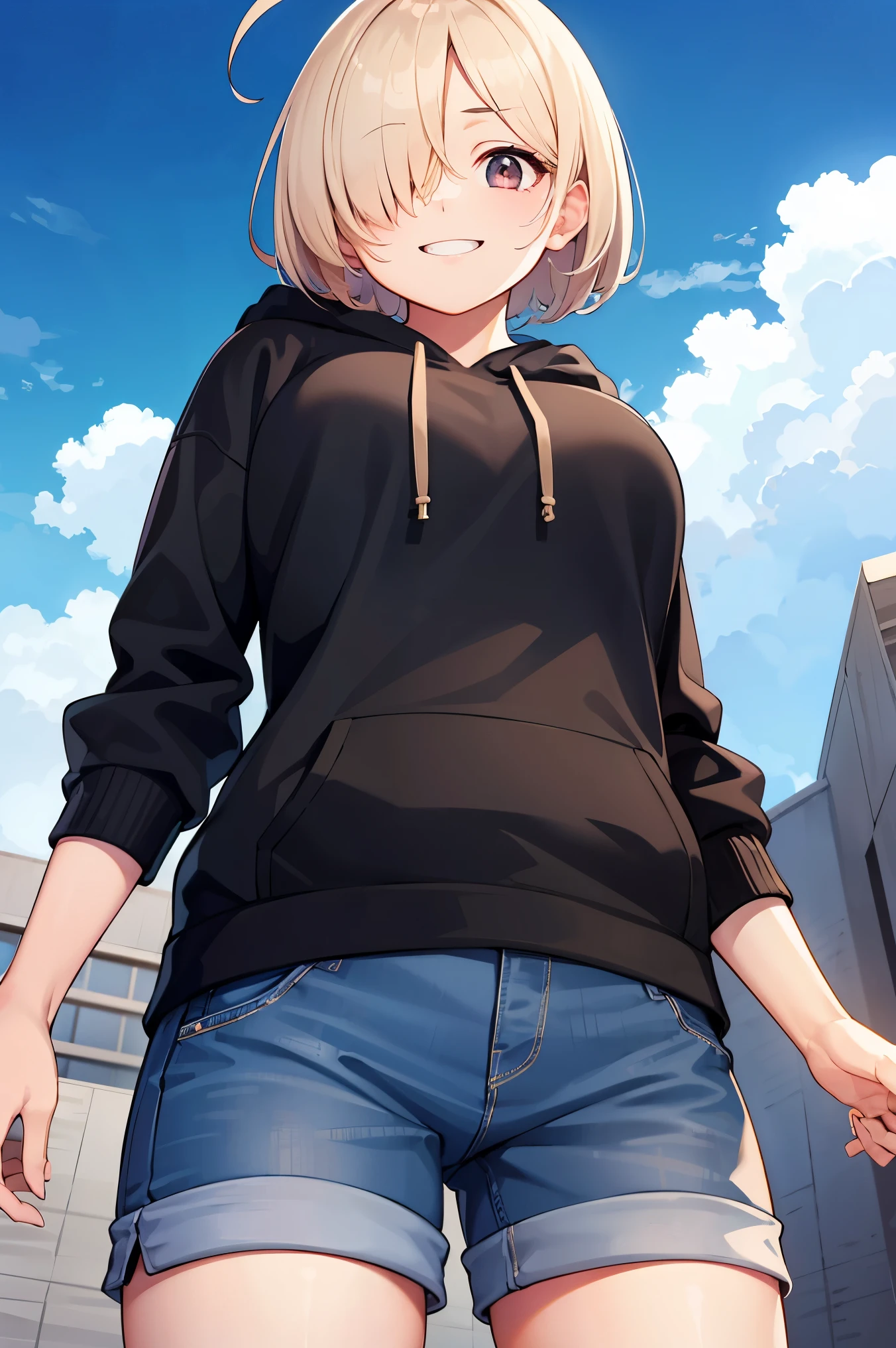 (masterpiece:1.2), (highest quality:1.2), perfect eyes, perfect face, perfect lighting, mountainous horizon, blonde　big breasts　red eye, ((((((hair over one eye,)))))), Braidスタイル, spike hair, dull bangs, bob hair, Braid, Ahoge, cute eyes, Medium chest, , ((((from below)))), closed mouth, vivid description,orgasm, I was scared, Ahegao, smile+Happy, tooth, anger, From the side, She is wearing pink shorts with jeans textured lace, wears hoodie in yellow modern style fashion, Are standing, arm behind back