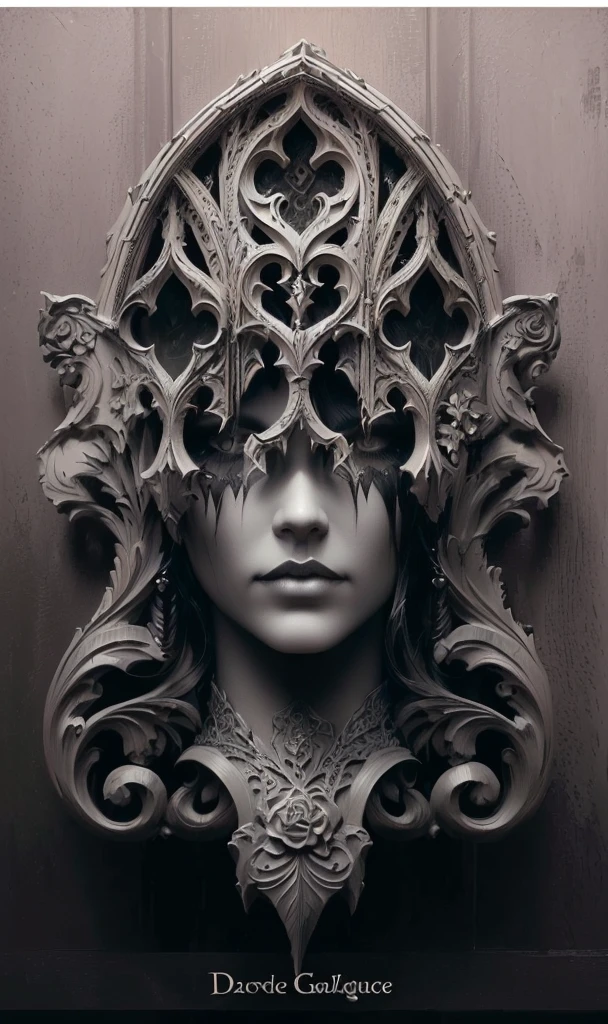 a close up of a sculpture of a woman's face with a gothic style head, gothic face, gothic art style, detailed 3d gothic oil painting, gothic art, baroque dark art, hyperrealistic art nouveau, intricate sculpture, ornamental gothic - cyberpunk, intricate face, detailed face ), symmetical face, neogothic art, gothic influence, gothic and baroque