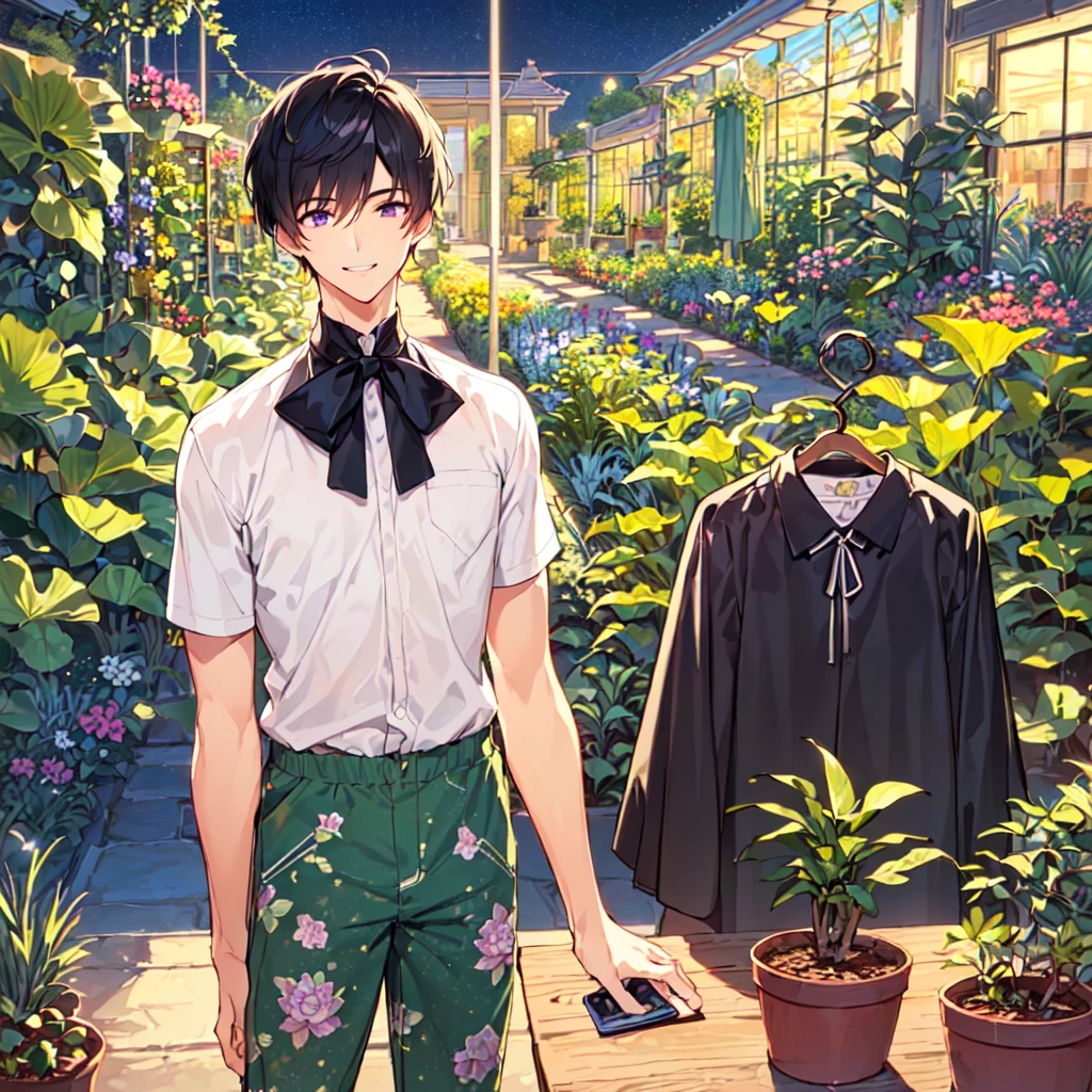 masterpiece,best quality,high quality,(1male austere handsome solo adult age 30 years old:1.5), purple eyes, cool with suspended eyes, V-shaped eyebrows, body strong and fearless 8.5 head tall, height 185cm, (well-groomed black short hair down to neck:1.4), (bangs 7 thirds parted:1.4), slender nose, facial muscles, throat, (pants in houseplant print fashion:1.3), (standing), (stylish pose), (fearless smile:1.3), (botanical garden full of houseplants in background:1.5), (Night Sky:1.2), (upper body:1.3)