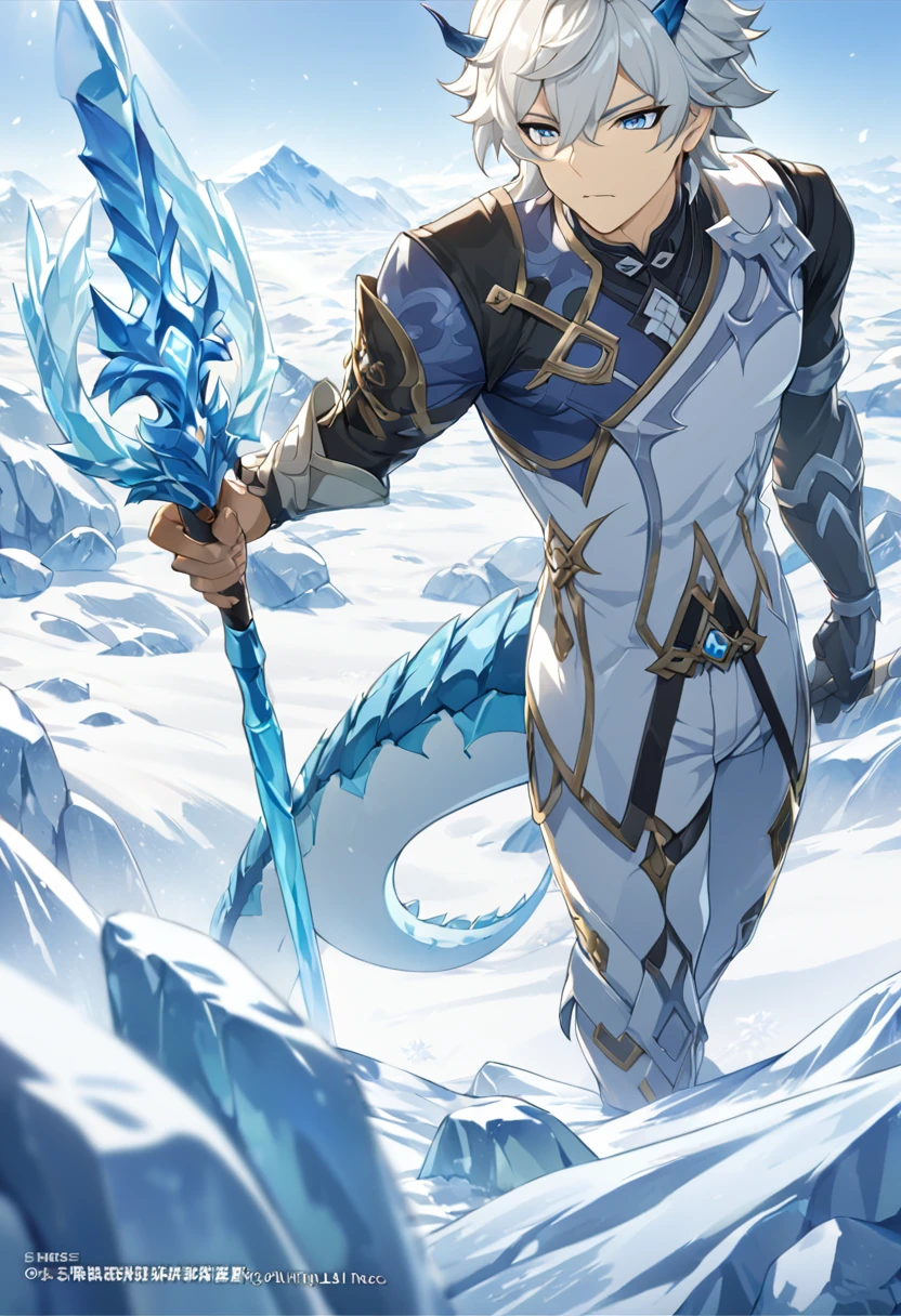 ((Solitary)), (man), Light blue eyes, white hair hair, short hair, Blue inner hair, Messy hair, blue dragon horn, Pupil slits, Thick white dragon tail, dragon boy, Close-up：In a desolate land surrounded by icebergs，A man holding a scepter, Frozen fields, Detailed key animation art, Characters of the Broken Star, Casimir Art, Masamune shiro, Masamune, The handsome guy in Demon Slayer, Genshin Impact, heise jinyao, Shadowverse Style, (In the flag), The power of ice, Mountain View, Detailed academic, Eye Reflection, Depth of Field, light, Ray Tracing, Depth of Field, light, Ray Tracing, Ultra HD, High Detail, best quality, high resolution, high quality, The award-winning, Super Detail, masterpiece, 8K, Ultra HD, High Detail, best quality, high resolution, high quality, The award-winning, Super Detail, masterpiece, 8K