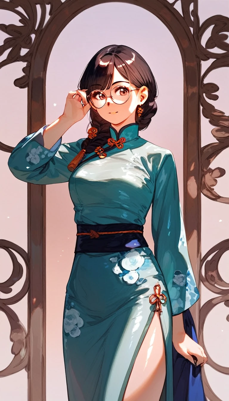 score_9, score_8_up, score_7_up, detailed, rating safe, absurdity, face focus, 1girl, 20years old, shiny skin, Mandarin dress, round glasses,